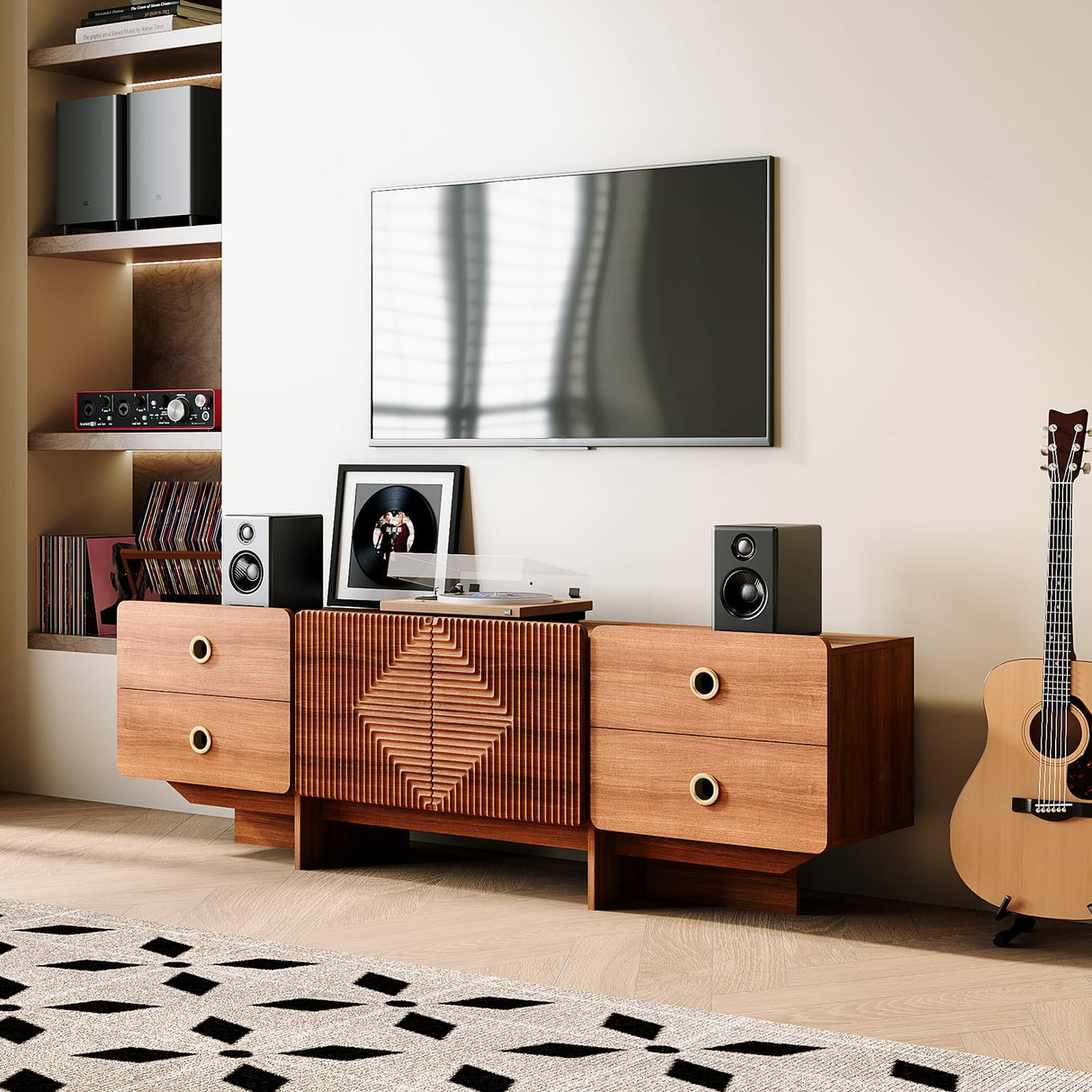 Inch TV, Mid Century Modern Entertainment Center with 4 Drawers,Storage Cabinet, Large Boho Media TV Console, 66 inch Long Television Stand for Living Roo