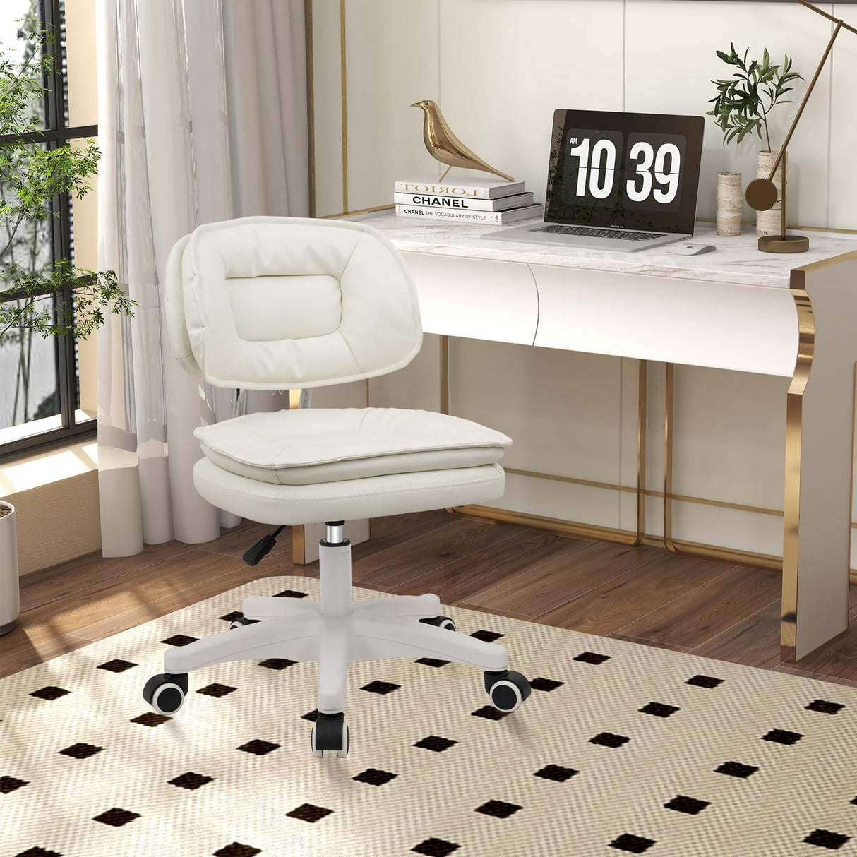 Small Rolling Stool with Backrest - Adjustable Height Vanity Chair