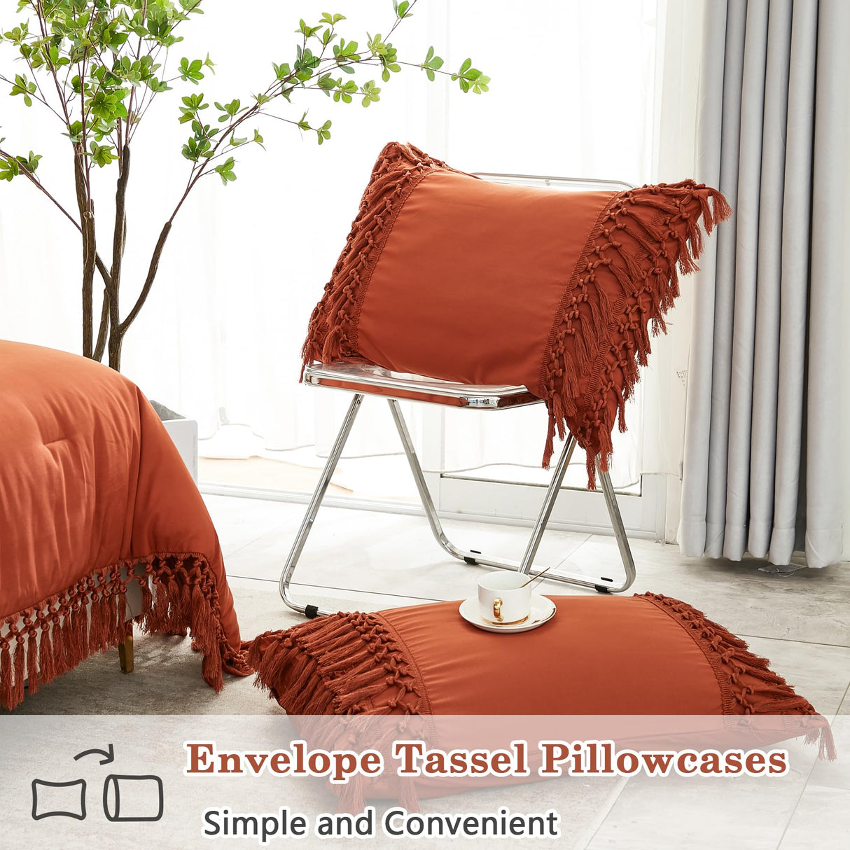 Queen Comforter Set Burnt Orange, 3 Pieces Boho Terracotta Lightweight Fall Bedding