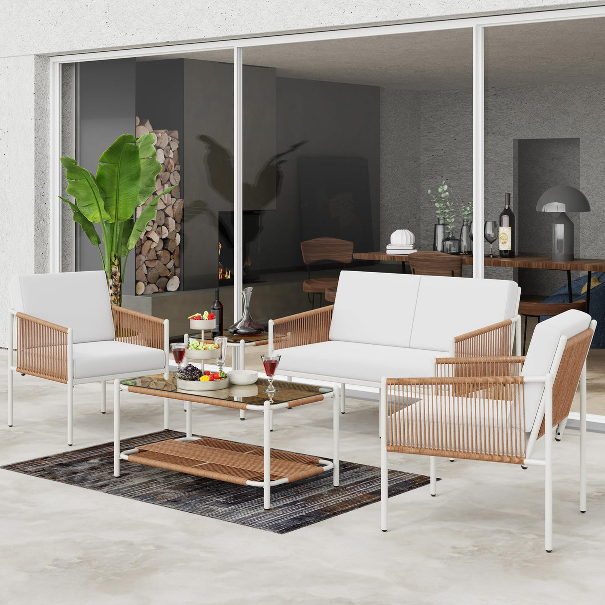 5 Pieces Outdoor Patio Furniture Set,Wicker Rattan Sofa Conversation Set with Cushion