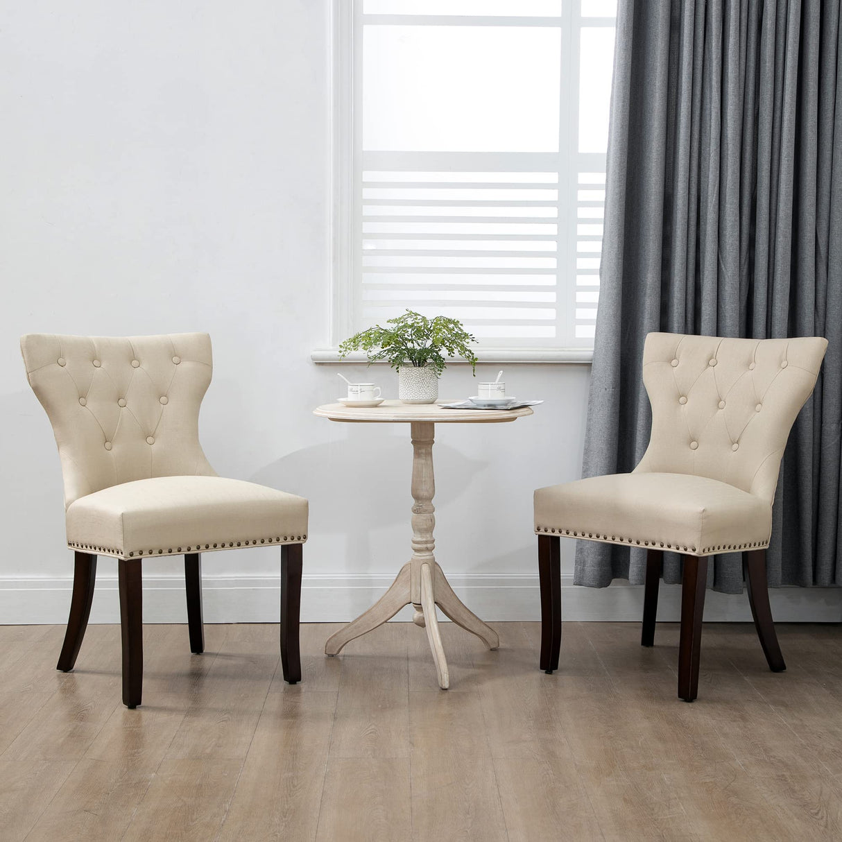 Tufted Fabric Dining Chairs Set of 2 - Upholstered Solid Wood Accent Chairs with Nailhead Trim