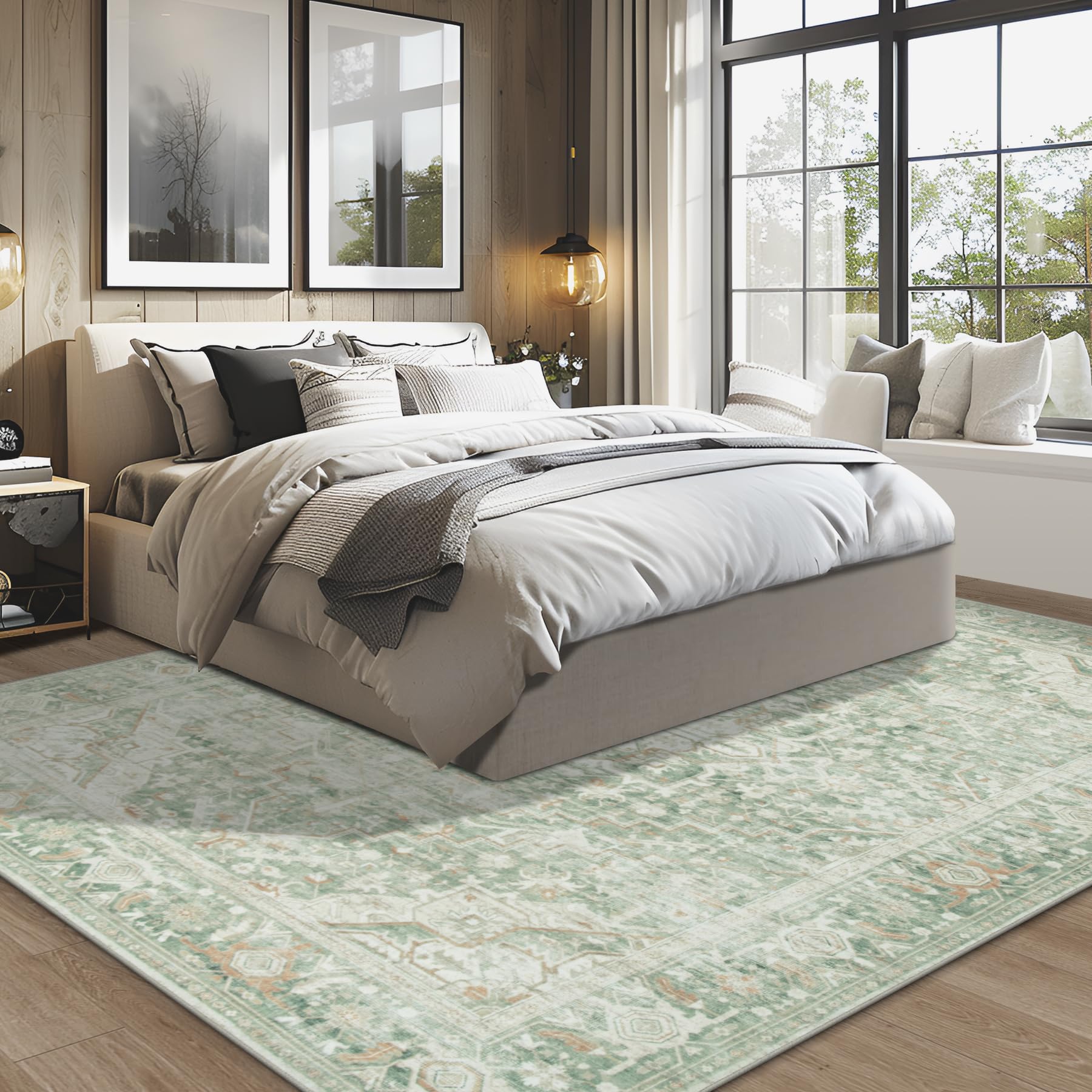 Washable Rugs 8x10 Area Rugs, Soft Vintage Living Room Rug e Nursery Entryway-Green