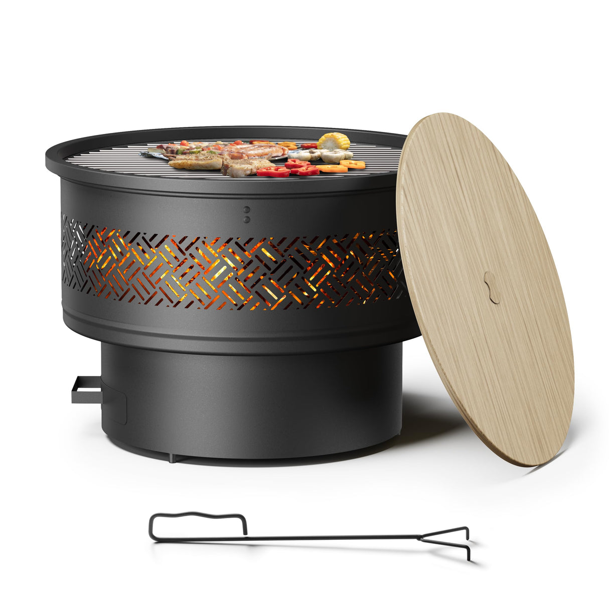 26 inch Fire Pit with Grill & Lid, Firepits for Outside Wood Burning Fire Pit Table with Fire Poker, Multifunctional Outdoor Fire pits for BBQ, Table, Bonfire, Camping, Backyard, Patio, Picnic - Bircata