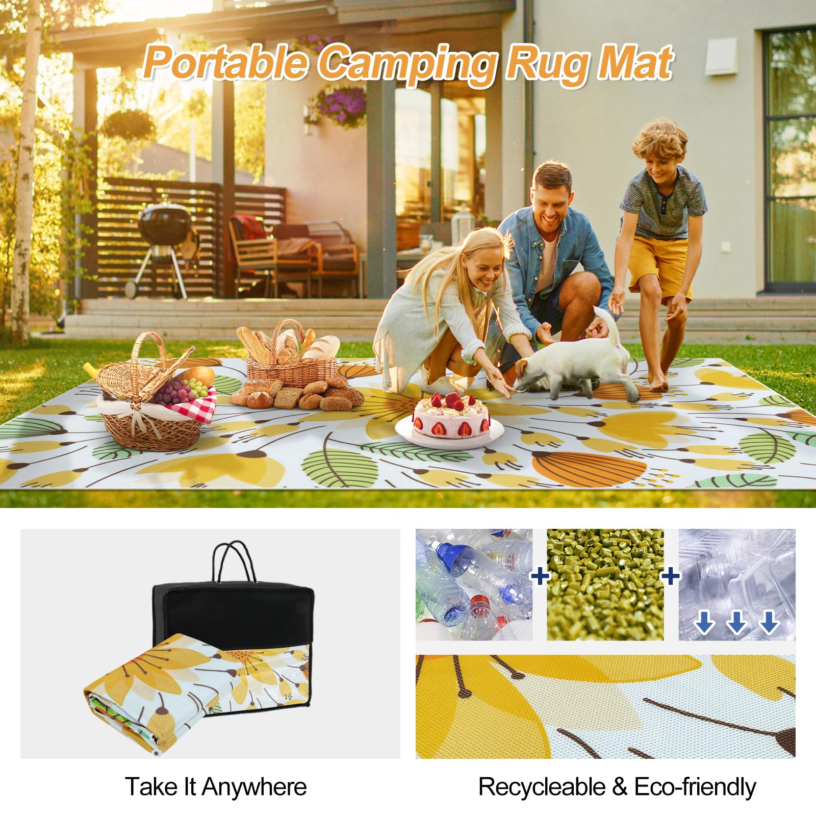 Lahome Floral Indoor Outdoor Rug 8x10, Non Slip Outdoor Patio Rug for Camping Picnic, Portable Large Outdoor Area Rug for Balcony Deck Backyard, RV Mat Outdoor Rugs for Living Room Bedroom,Yellow