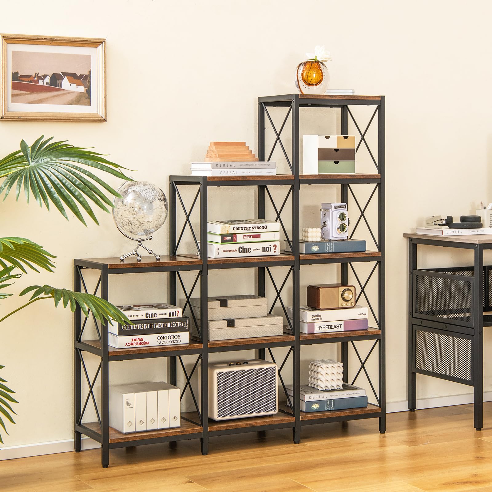 9 Cubes Bookshelf, 5-Tier Stepped Bookcase w/Carbon Steel Frame, Anti-Tipping Kits & Adjustable Foot Pads, 12 Shelves Storage Open Display Shelf for Home Office (9-Cube, Brown)
