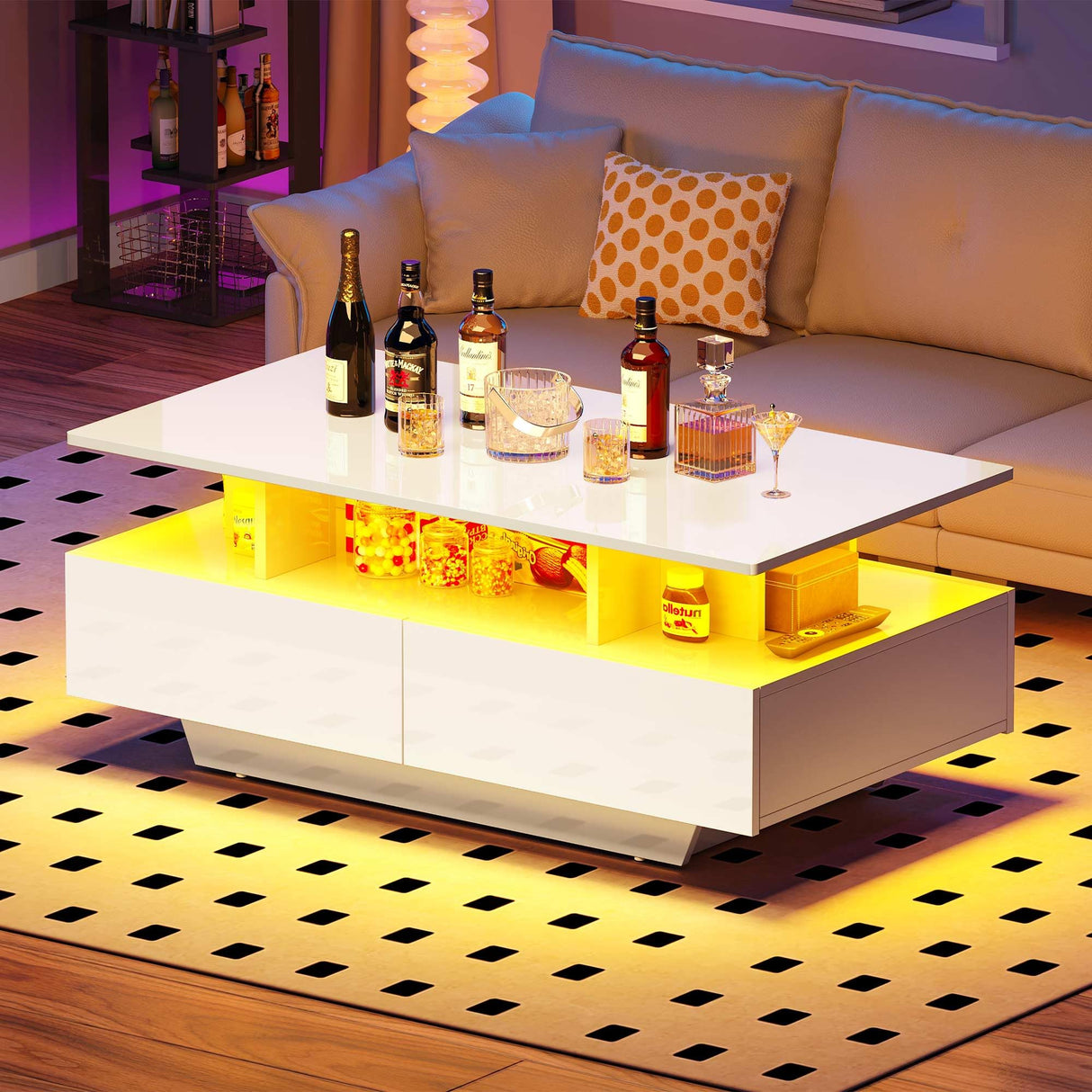 LED Coffee Table with Storage 4 Drawers, Modern High Glossy Coffee Tables