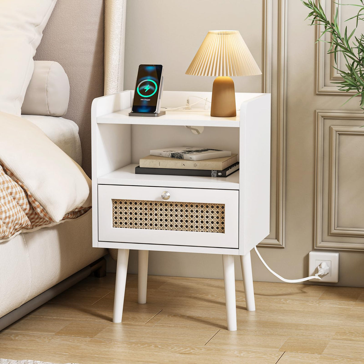 White Nightstand Set of 2 with Charging Station