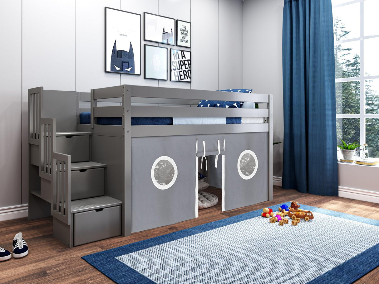 Contemporary Low Loft Twin Bed with a 3 Drawer Stairway, Gray with Gray & White Tent