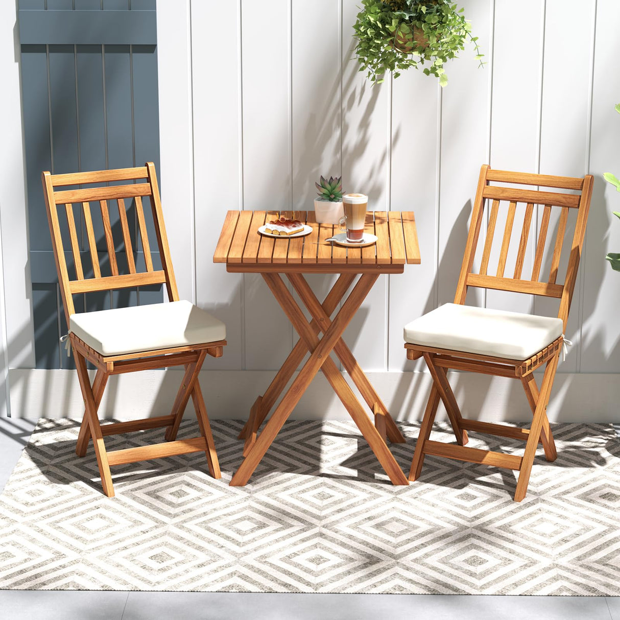 Acacia Wood Patio Bistro Set of 3, Outdoor Folding Chair Table Set with Soft Seat Cushions