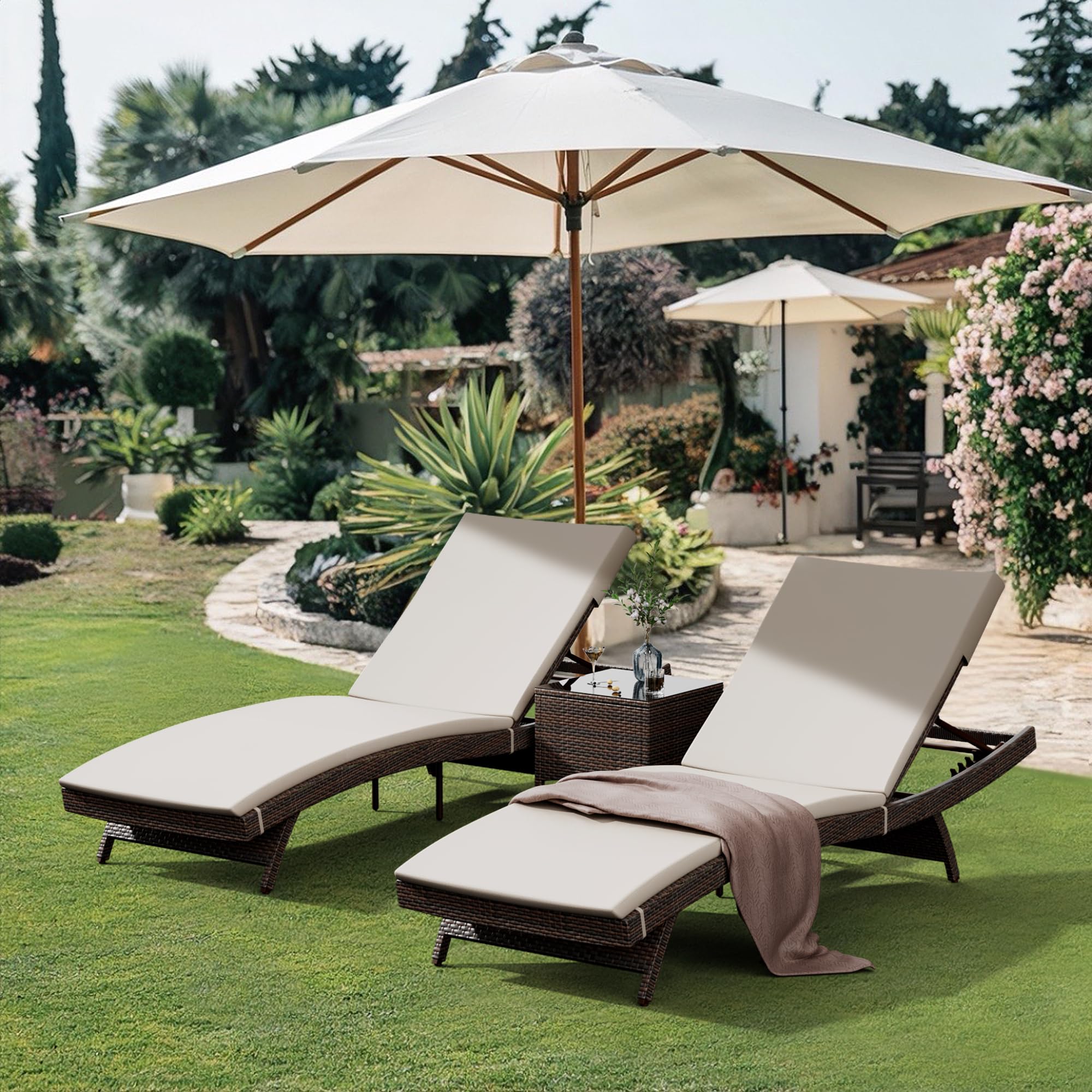 Patio Chaise Lounge Set 3 Pieces with Adjustable Backrest and Removable Cushion