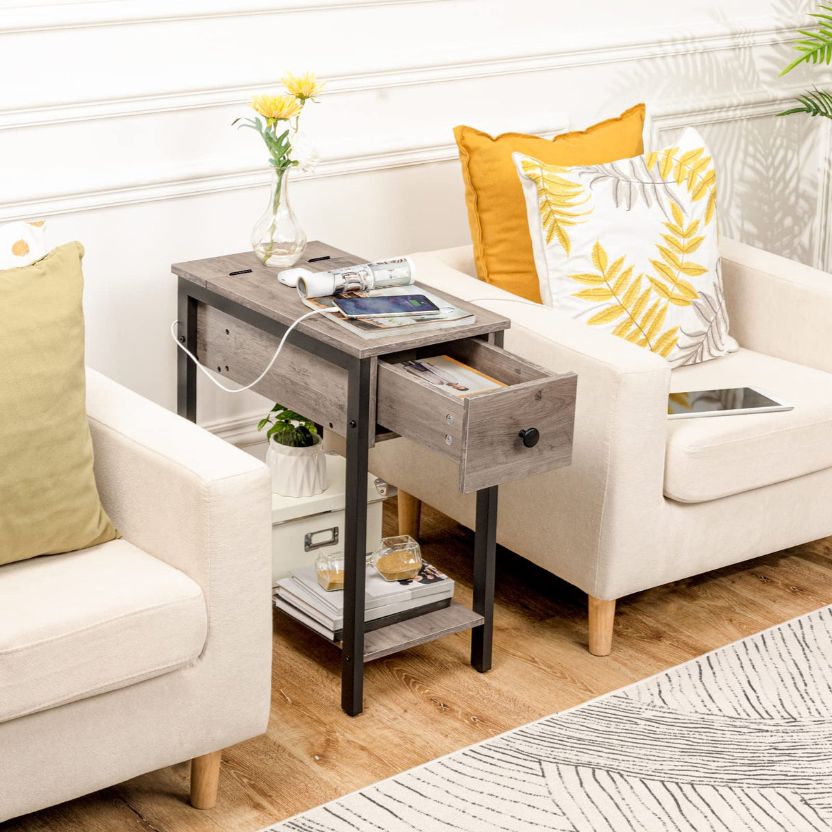 Side Table with Charging Station, Narrow End Table, Small Nightstand, Bedside Tables