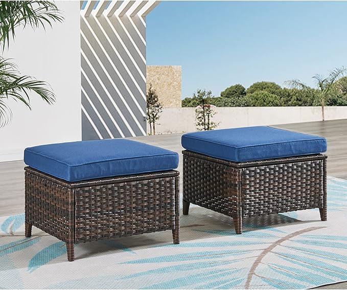 Outdoor Ottomans for Patio Set of 2 PE Wicker Steel Frame Outdoor Footstool for Patio