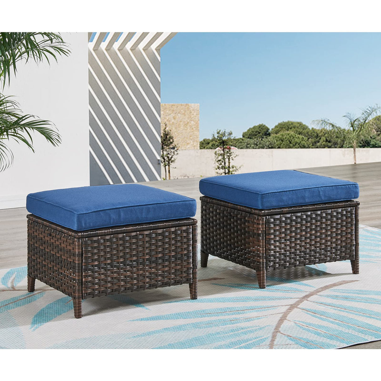 HUMMUH Outdoor Ottomans for Patio Set of 2 PE Wicker Steel Frame Outdoor Footstool for Patio, Backyard, Additional Seating, Side Tables with Removable Weather-Resistant Cushions