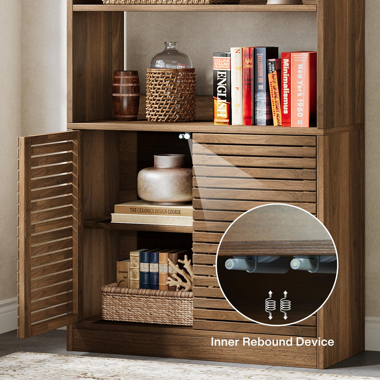 Bookshelf with Cabinet & Open Shelves, 68" Tall Bookcase with Shutter Doors, Floor Standing Wood Office Storage Cabinet with Adjustable Shelf for Living Room, Home Office (Rustic Brown)