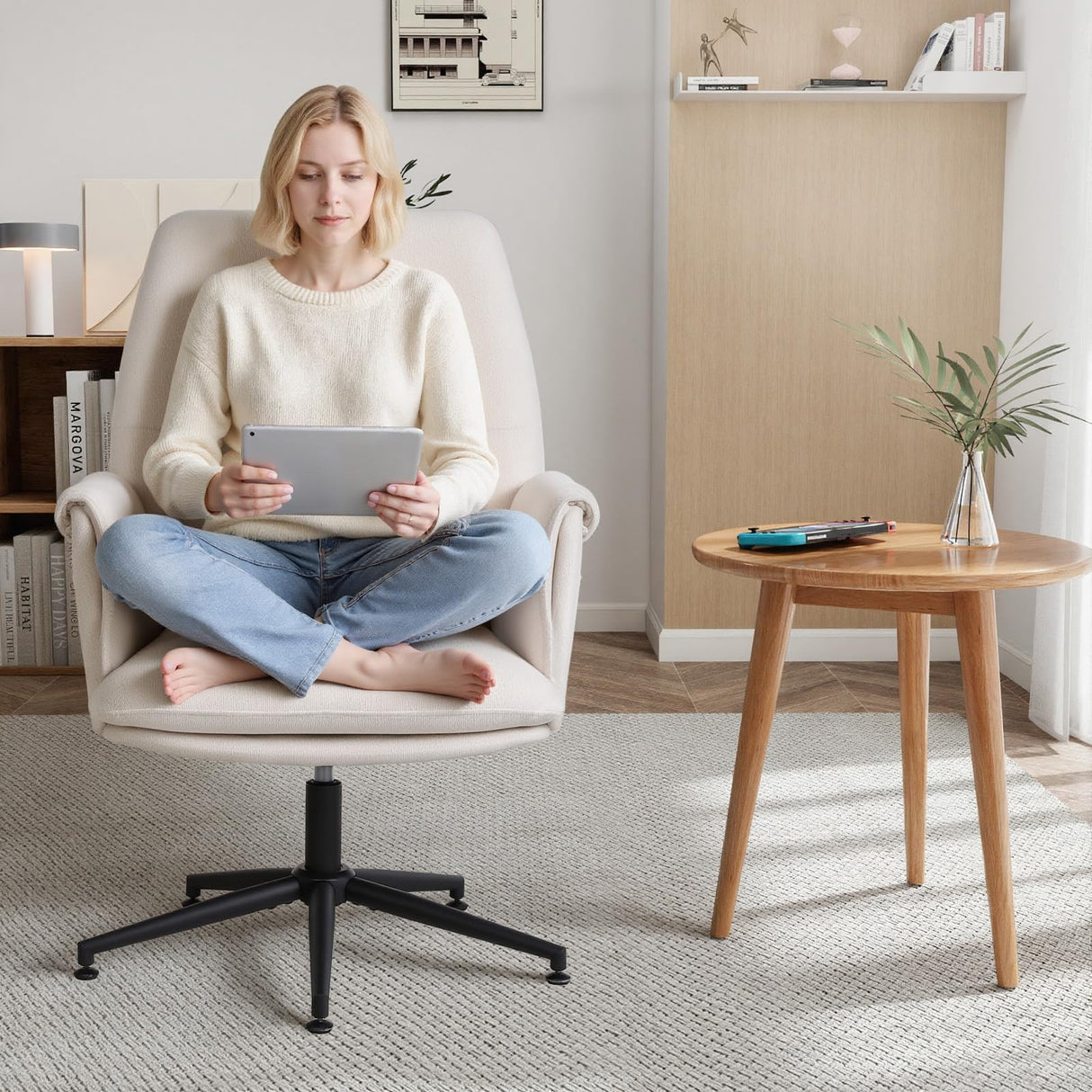 High Back Fabric Office Chair - Cross-Legged Desk Chair with Armrests