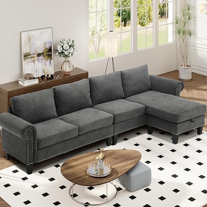 Oueeedd 4-Seater Convertible L-Shaped Sectional Sofa with Storage Ottoman