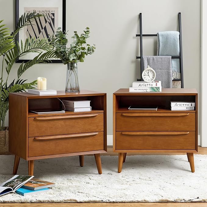 Nightstand with Charging Station, Mid-Century Modern 2 Drawer and Open Shelf Dresser