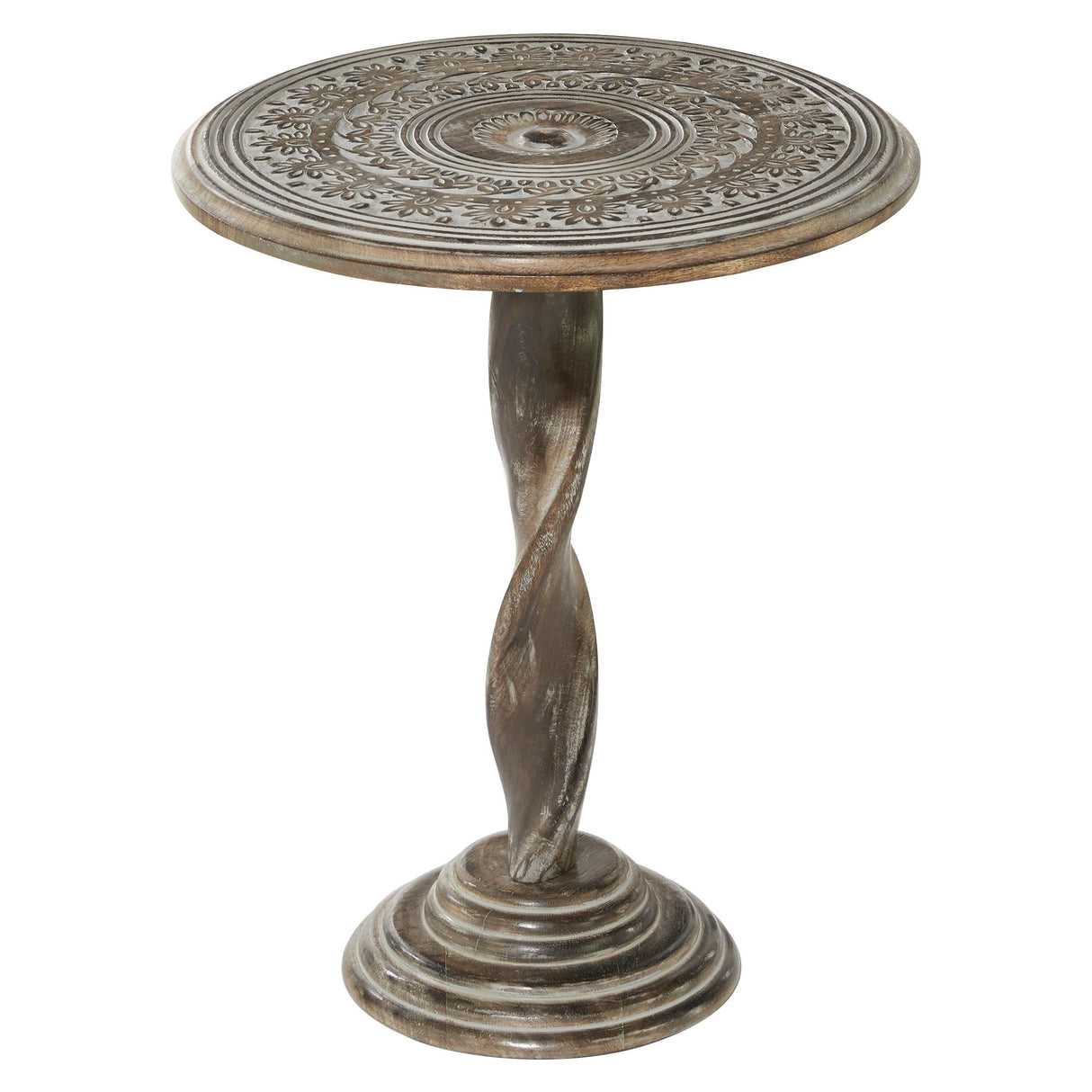 Mango Wood Floral Handmade Side End Accent Table Intricately Carved End Table