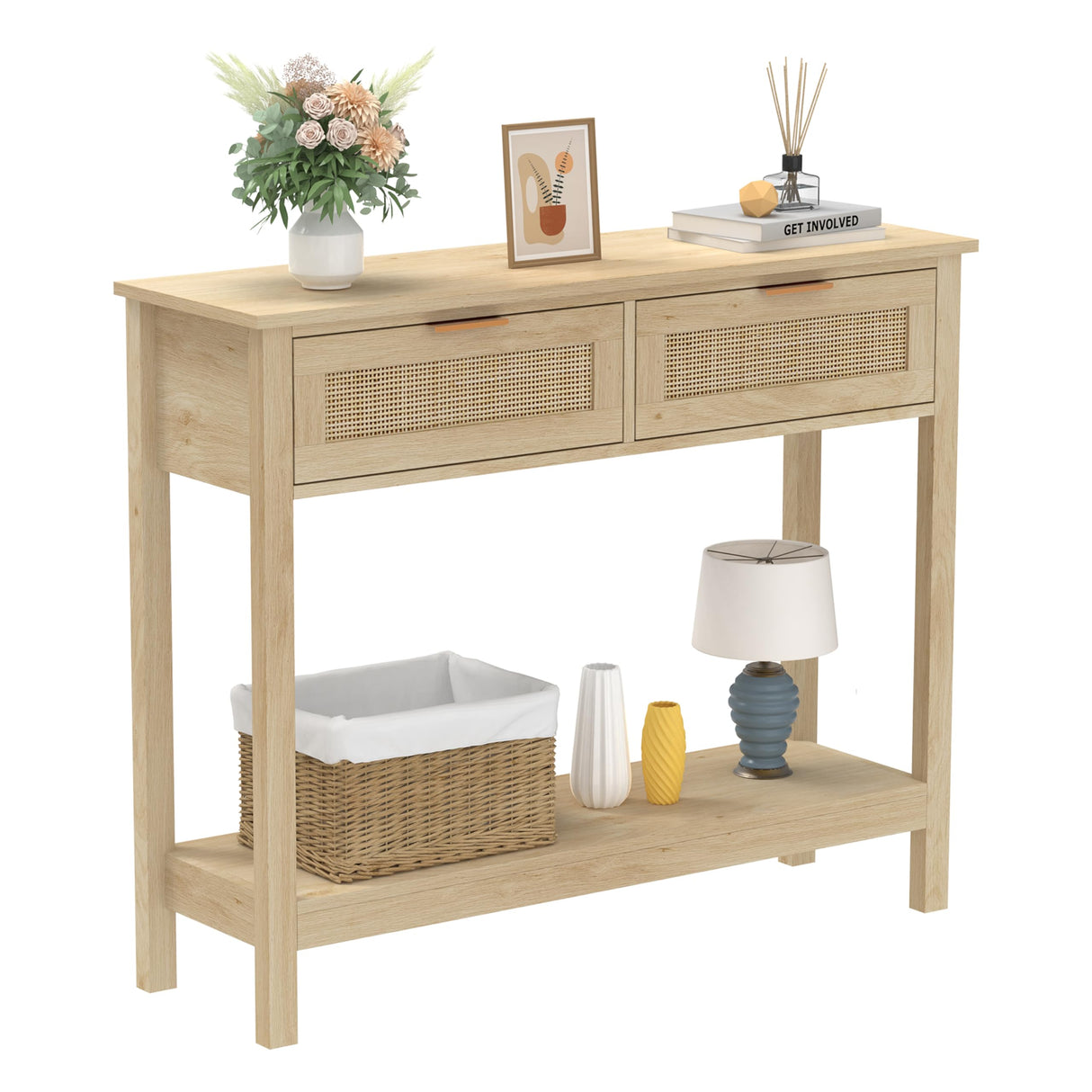 Farmhouse Rattan Console Table with 2 Drawers 2 Tier Boho Narrow Long Sofa Table