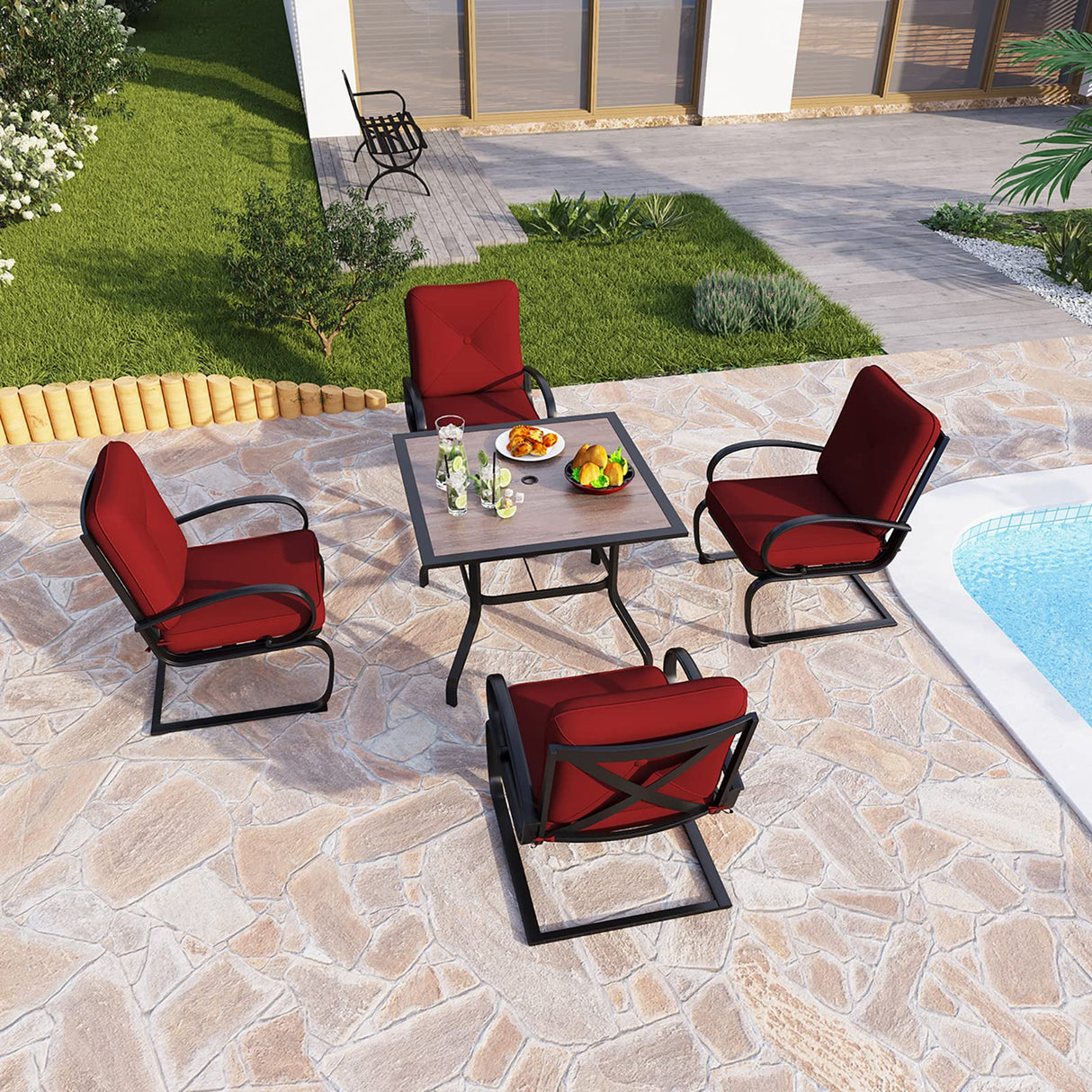5 PCS Patio Dining Set, Outdoor 37" x 37" Wood Like Square Dining Table and 4 Piece Extra Wide Spring Motion Chairs