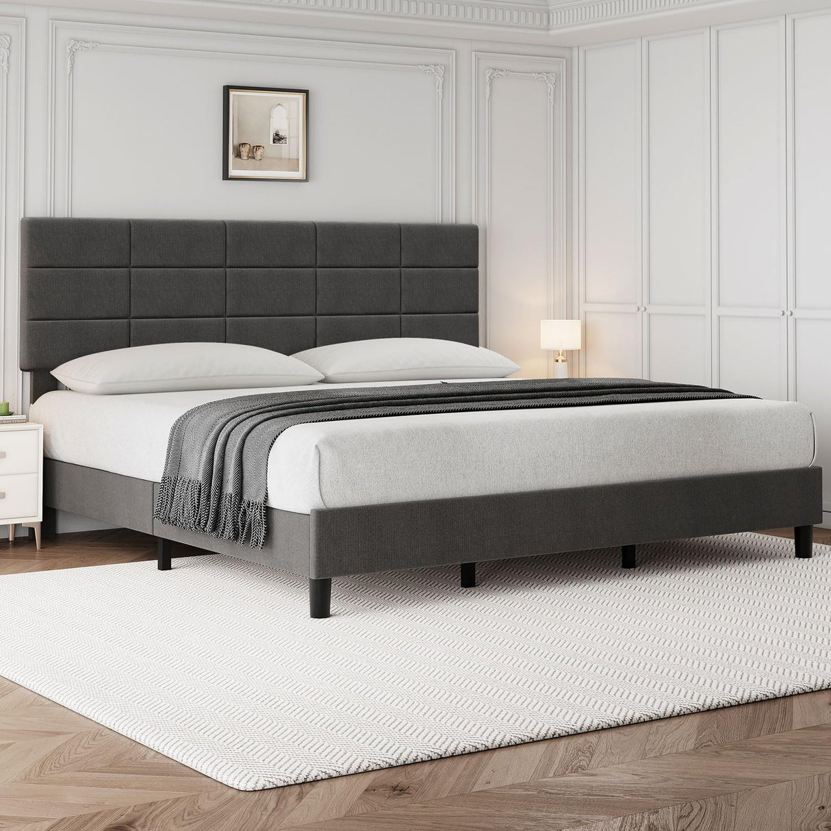 King Size Bed Frame with Headboard, Linen Upholstered King Bed Frame