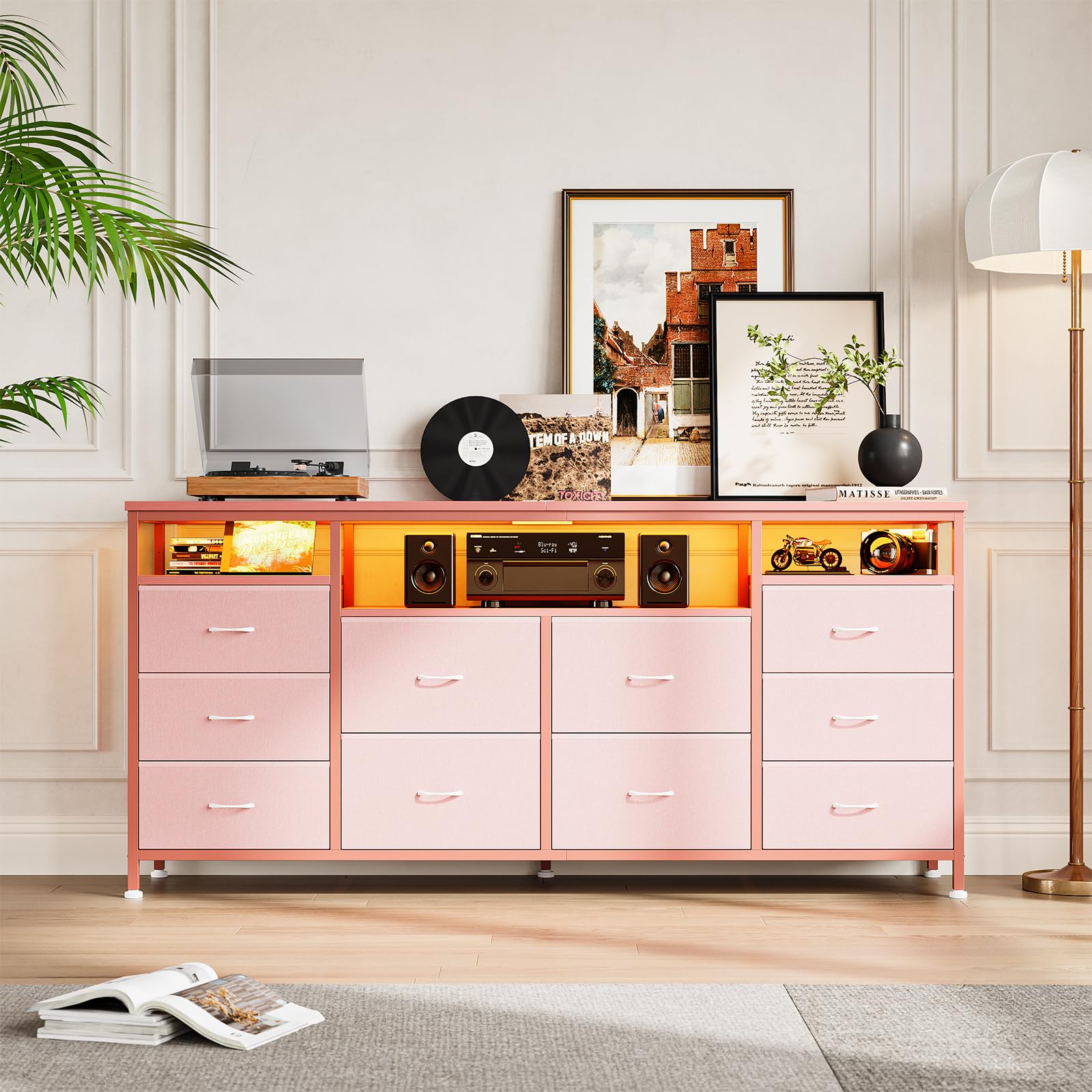 10 Drawer Dresser Tv Stand for 65 70 75 Inch Tv, 63" W Long Fabric Dresser Entertainment Center