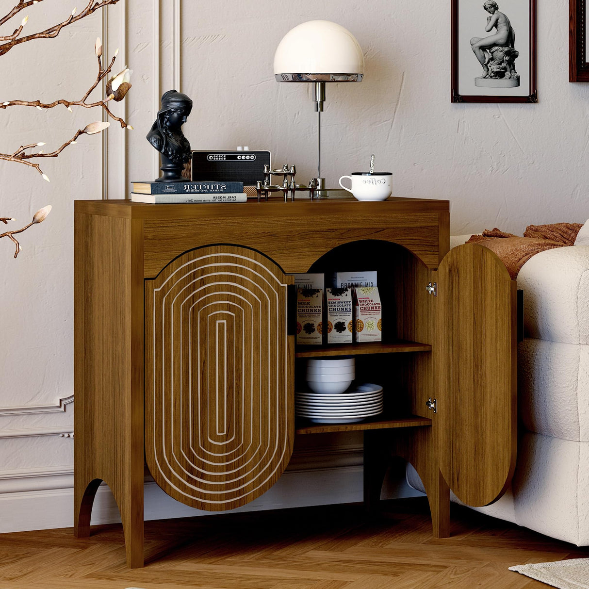 Fluted Buffet Cabinet with Storage, Sideboard Buffet Cabinet with Curved Door