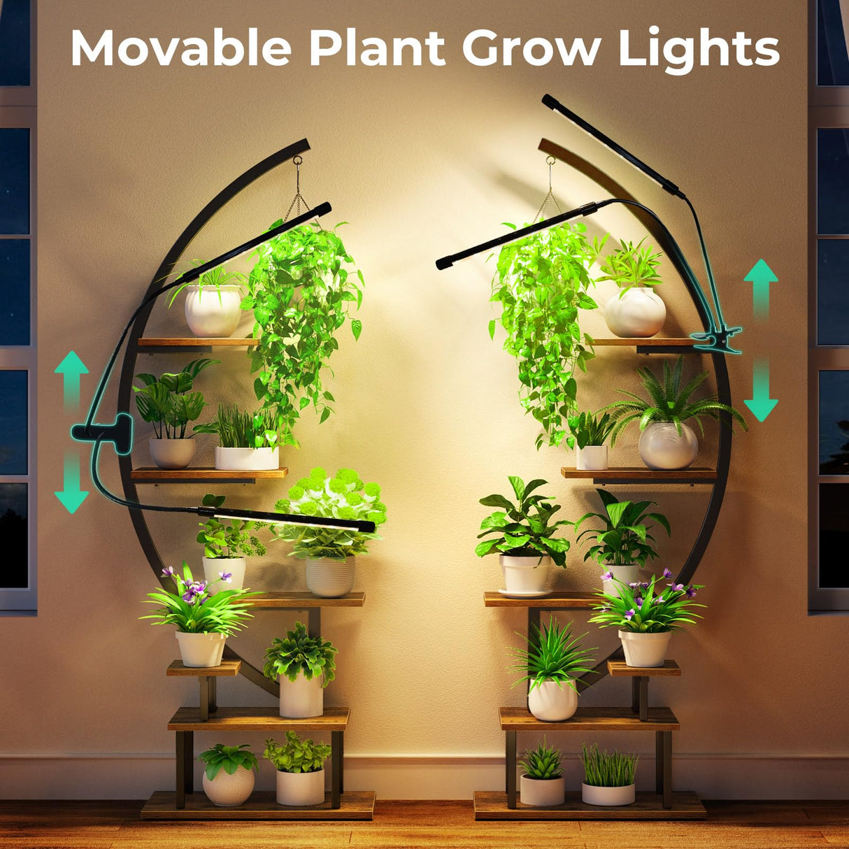 GREENSTELL Plant Stand with Grow Lights, Half Moon 7 Tiered Metal Plant Shelf, Multiple Tier Curved Ladder Flower Pot Stand Display Rack for Indoor Living Room Patio Garden Balcony Black (2 Pack)