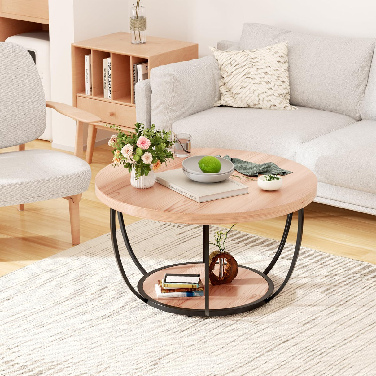 31.5" Round Coffee Table, 2-Tier Coffee Tables for Living Room