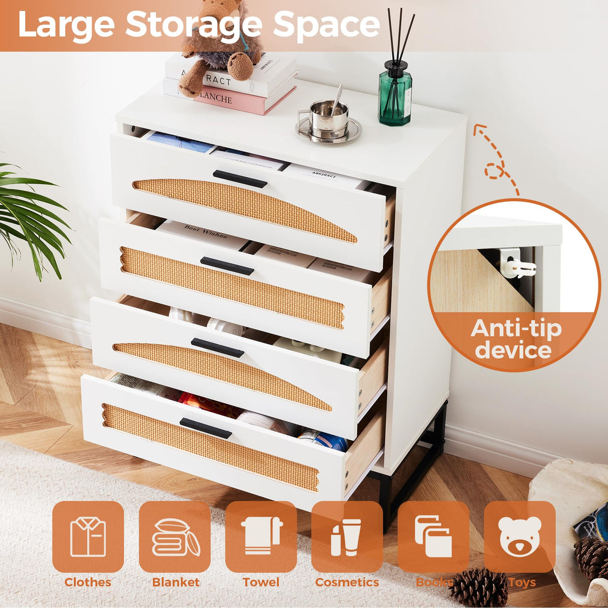 Mericonia 4/5 Drawer Rattan Dresser for Bedroom, Wooden Chest of Dressers, Modern Dresser Chest with Golden Handles for Bedroom,Living Room, Hallway and Entryway