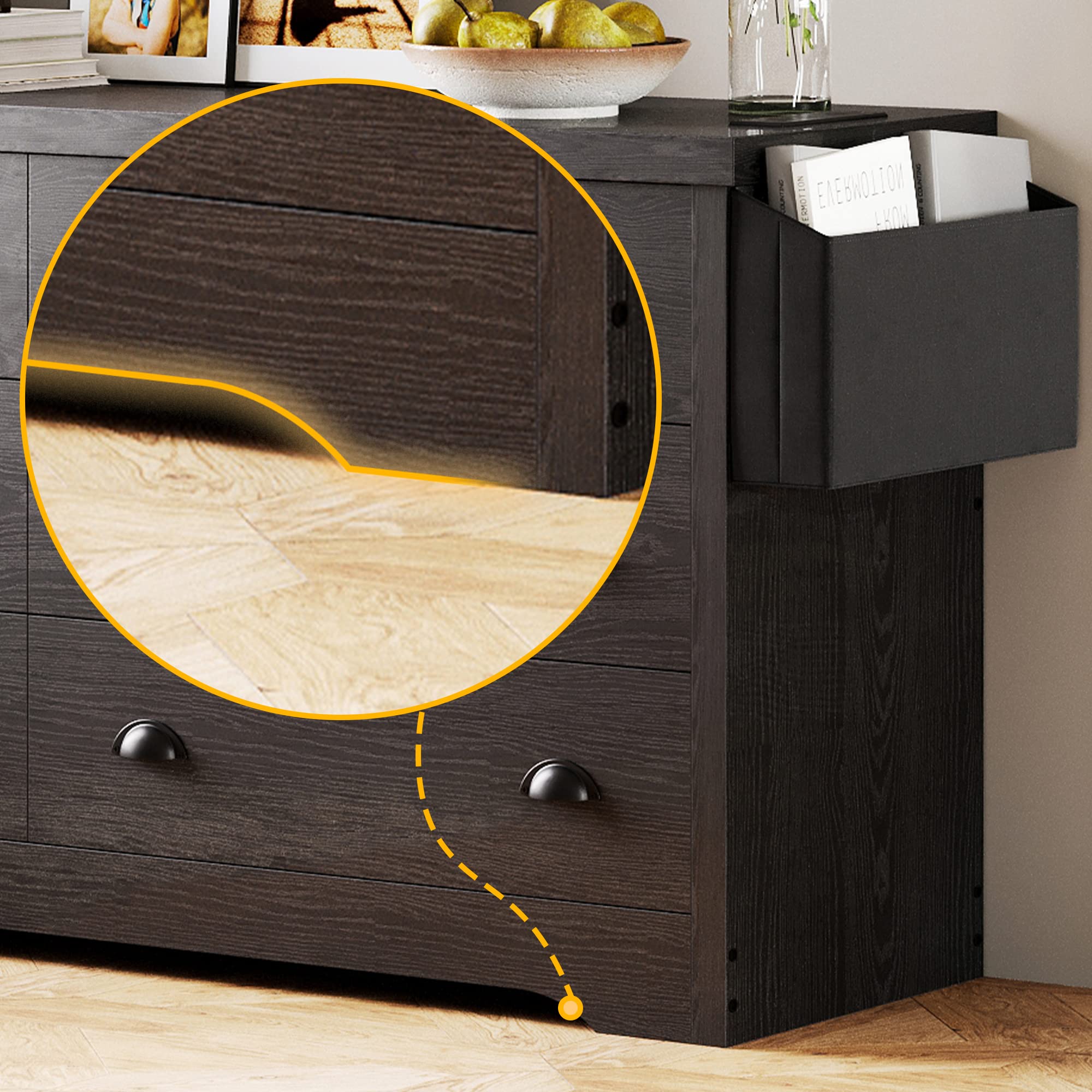 Dresser for Bedroom 6 Drawer with Charging Station, TV Stand Storage Chest of Drawers for Living Room Hallway Entryway, MDF Board, Black