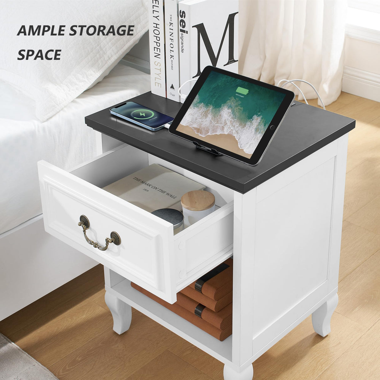 Farmhouse Nightstand with Charger Station, Night Stands with Drawer Storage White