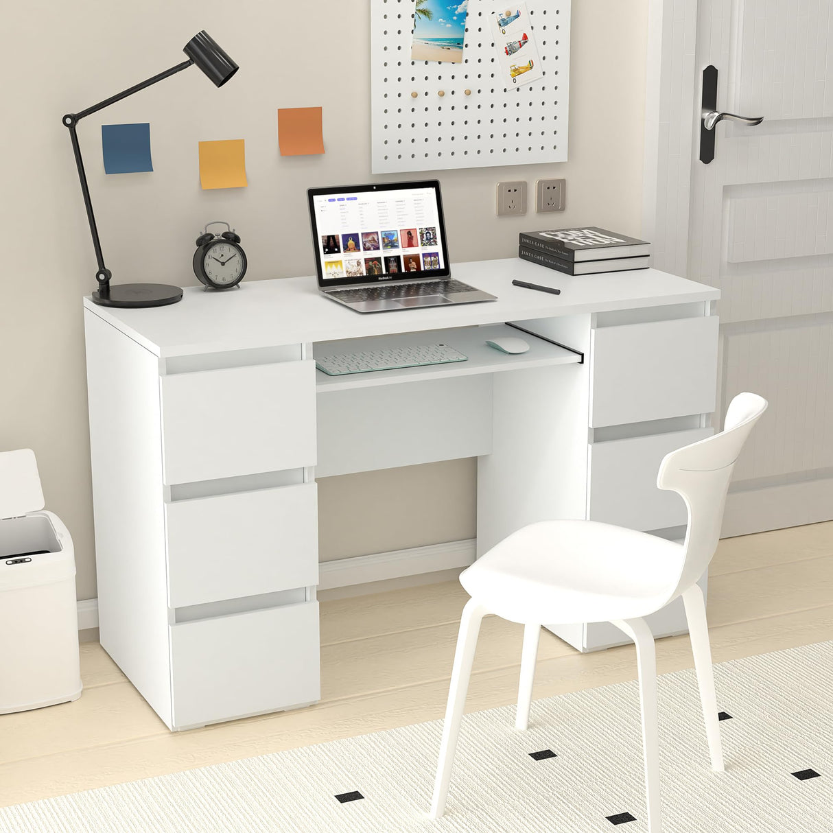 Computer Desk - White Desk with 6 Drawers, 47 Inch Home Office Desk, Modern Writing Desk with Storage,