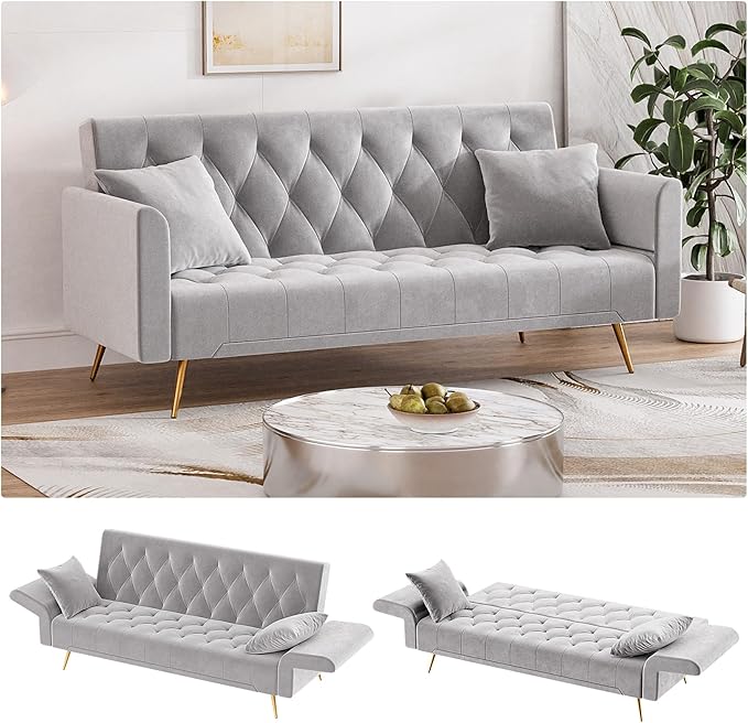 Modern Velvet Futon Sofa Bed, Small Couch, Loveseat, 71" Convertible Futon Sofa