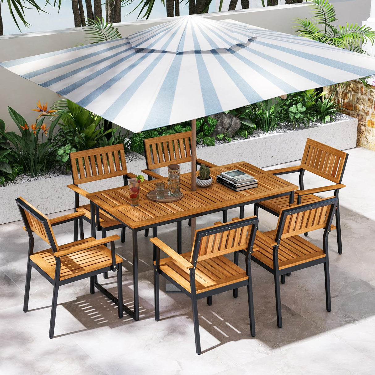 7 Piece Outdoor Dining Set for 6, Acacia Wood Rectangular Dining Table & 6 Armchairs