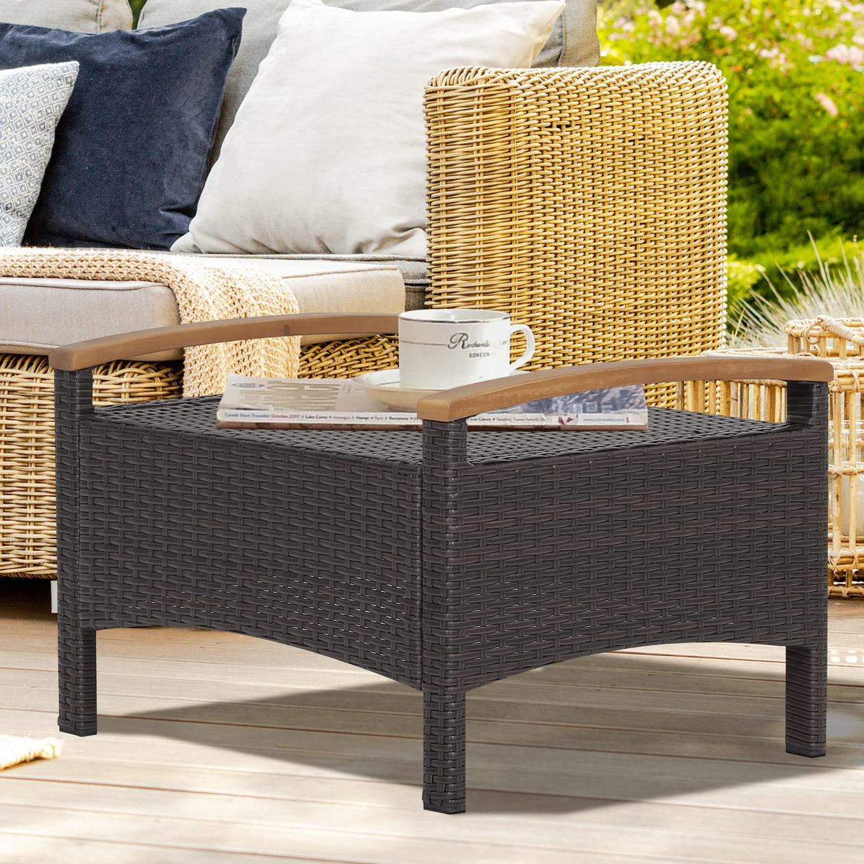 Outdoor Wicker Ottomans for Patio - 2 Pieces PE Rattan Ottoman
