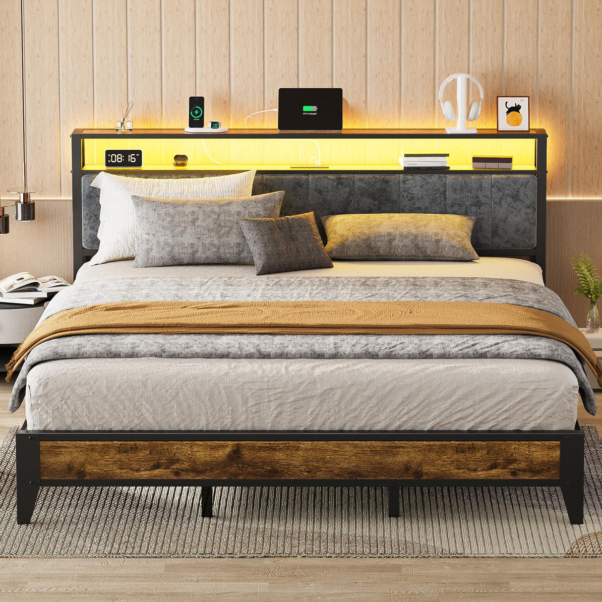 King Bed Frame with Headboard and LED Lights