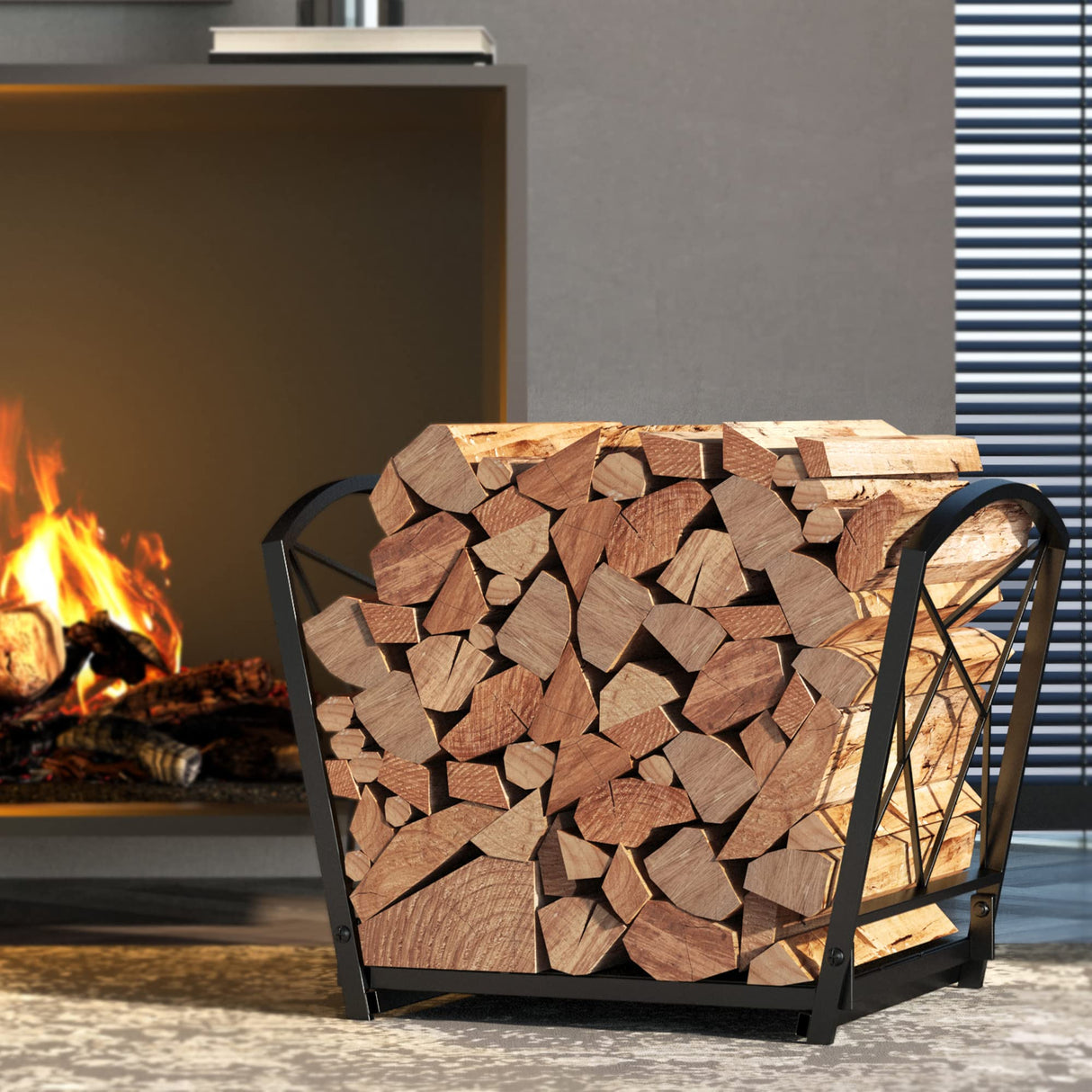 Firewood Log Rack, Iron Wood Lumber Storage Holder for Fireplace