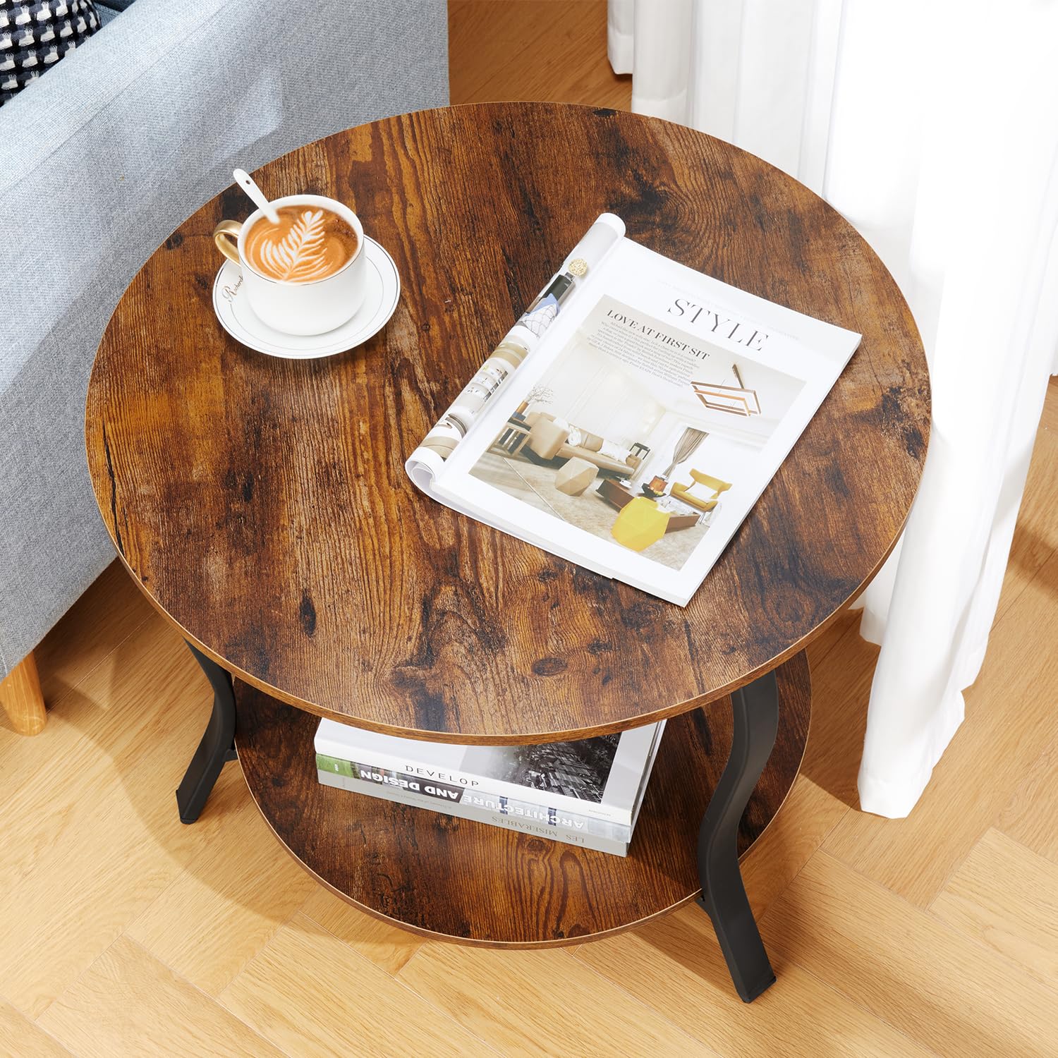 Small Round Coffee Table with Open Storage,23" 2-Tier Coffee Side Tables