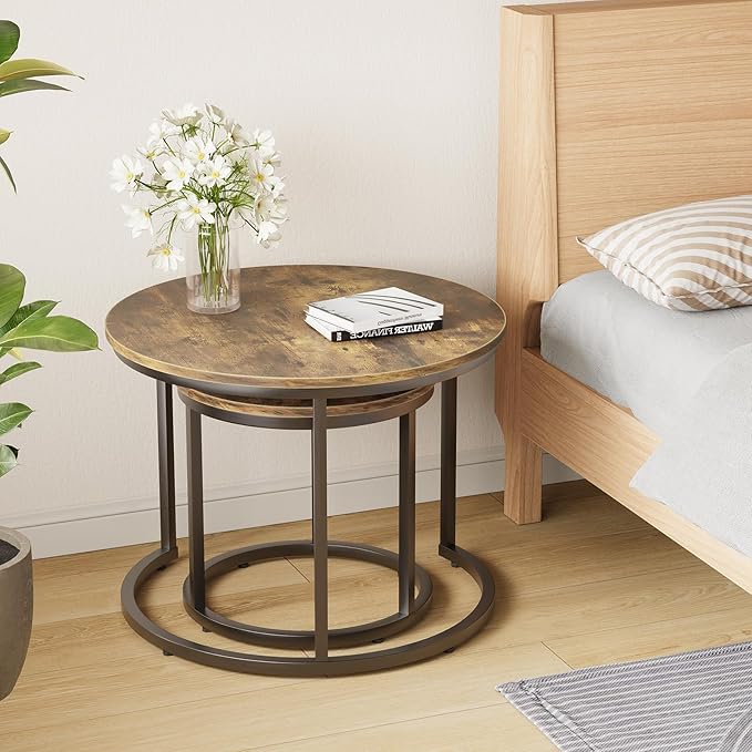 Nesting Coffee Table Set of 2, 27.6" Round Coffee Table Wood Grain Top with Adjustable Non-Slip Feet, Industrial End Table Side Tables for Living Room Bedroom Balcony Yard