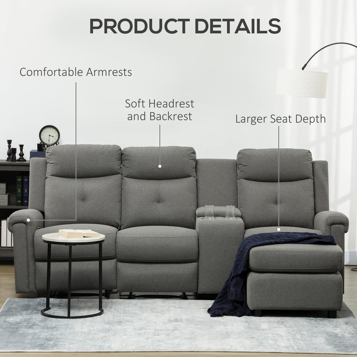 L-Shaped Sofa, Manual Reclining Sectional with Chaise Ottoman, Storage Console