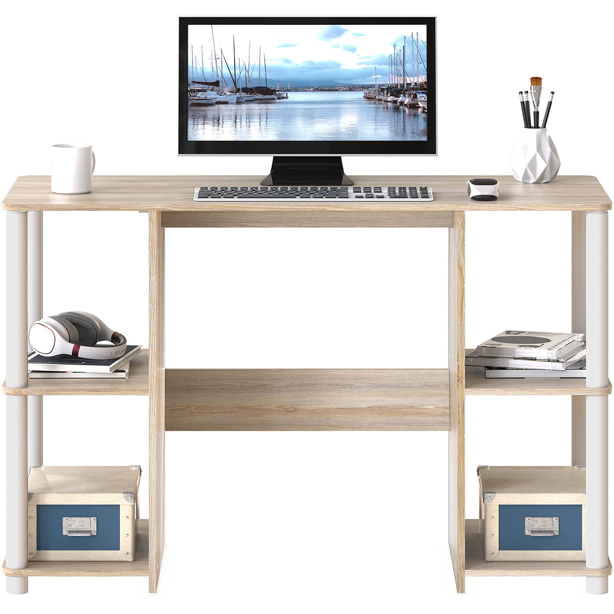 Home Office Wood Desk with Double Sided Shelves, Oak