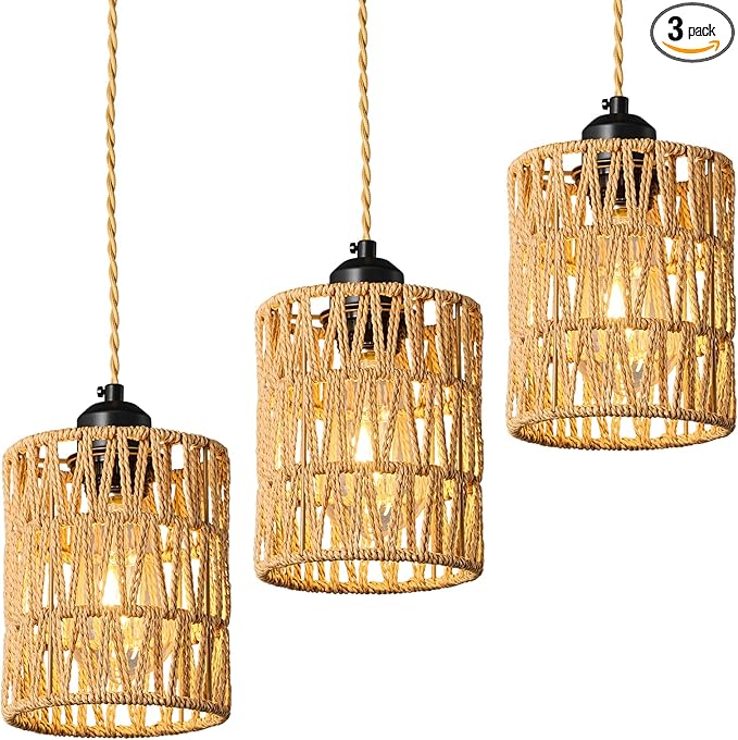 Brown Woven Pendant Lights Boho Hanging Lamp, Rattan Chandelier Farmhouse Pendant