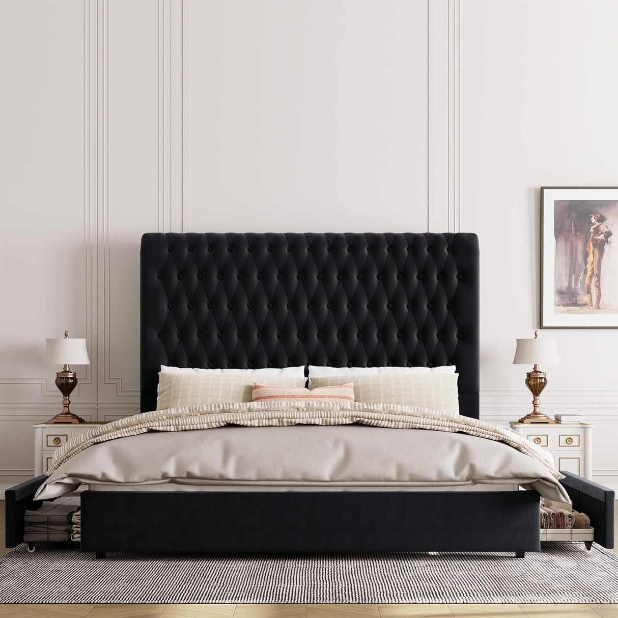 Queen Upholstered Bed Frame with Storage - 54" Tufted Headboard
