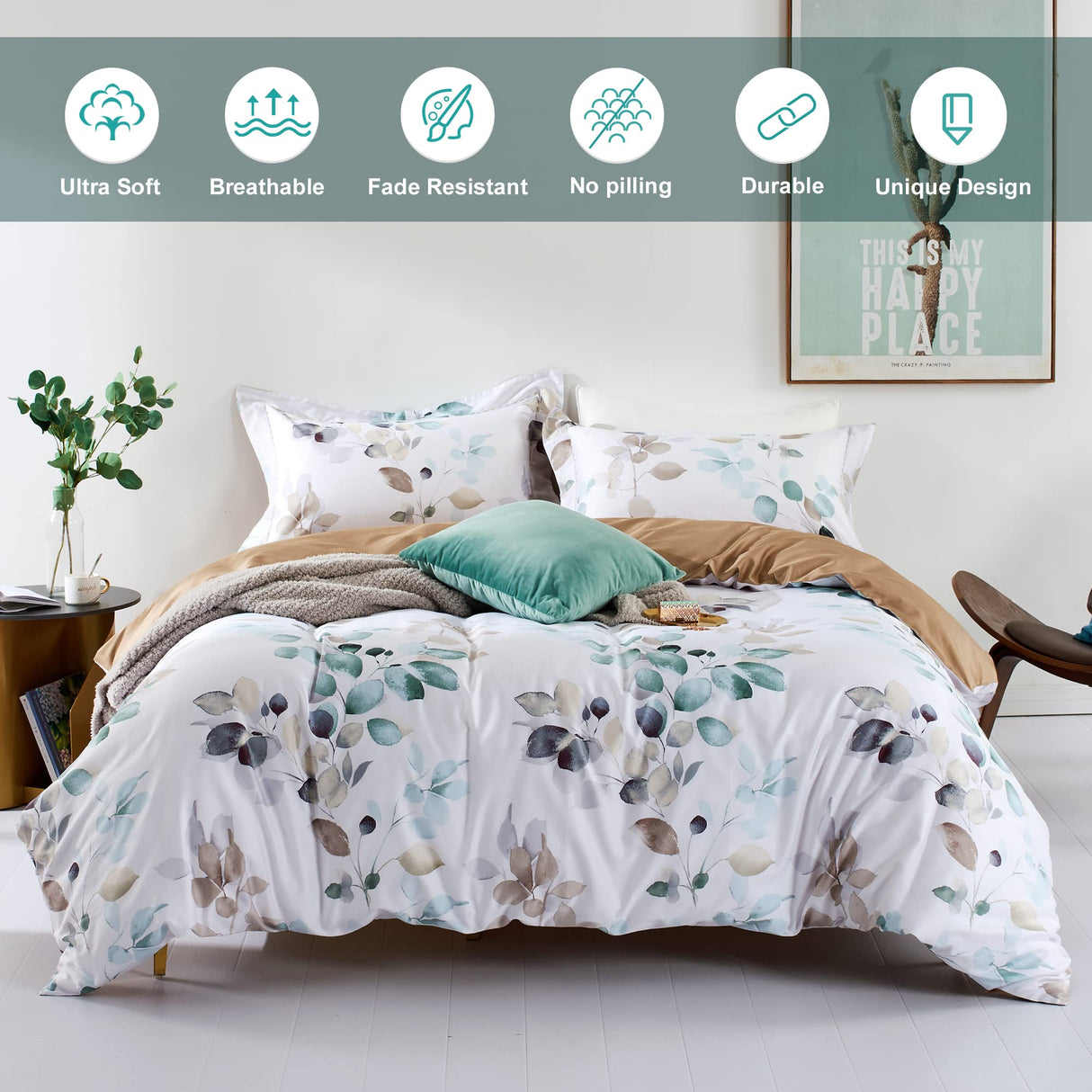 MILDLY 100% Long-Staple Cotton Duvet Cover Set, Gradient Teal Leaves Pattern Bedding Set 3pcs, Ultra Soft Breathable Chic Comforter Cover