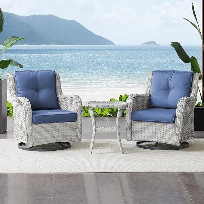 3 PCS Patio Furniture Set - Mixed Grey Wicker Swivel Rocking Chair Set with Side Table