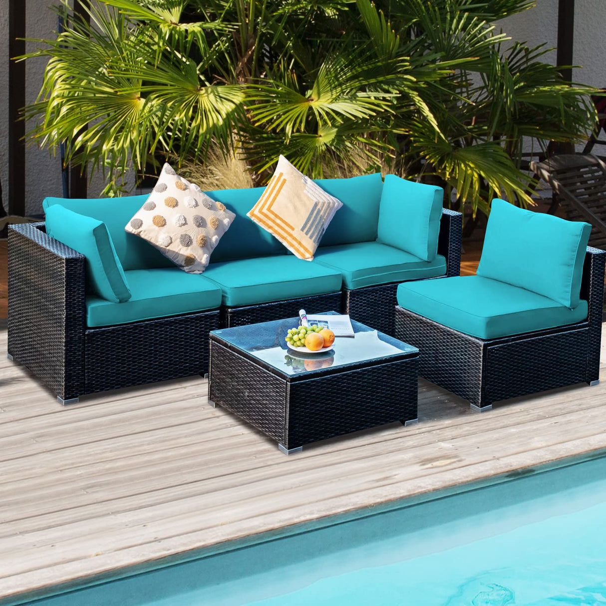 5-Piece Outdoor Patio Furniture Set - Rattan Wicker Sectional Sofa with Coffee Table & Cushions