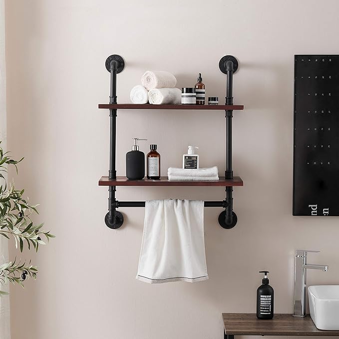 Bathroom Shelves Floating Shelves, 24" Towel Holder Pipe Wall Shelf Rustic Wall