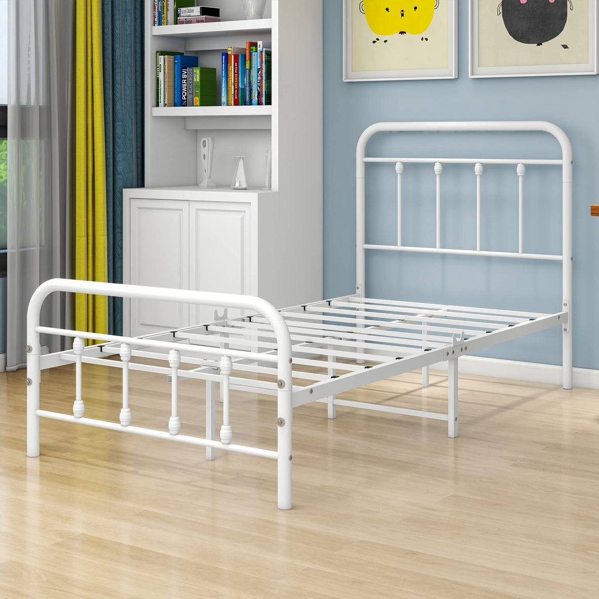 Metal Twin Bed Frame with Vintage Headboard and Footboard