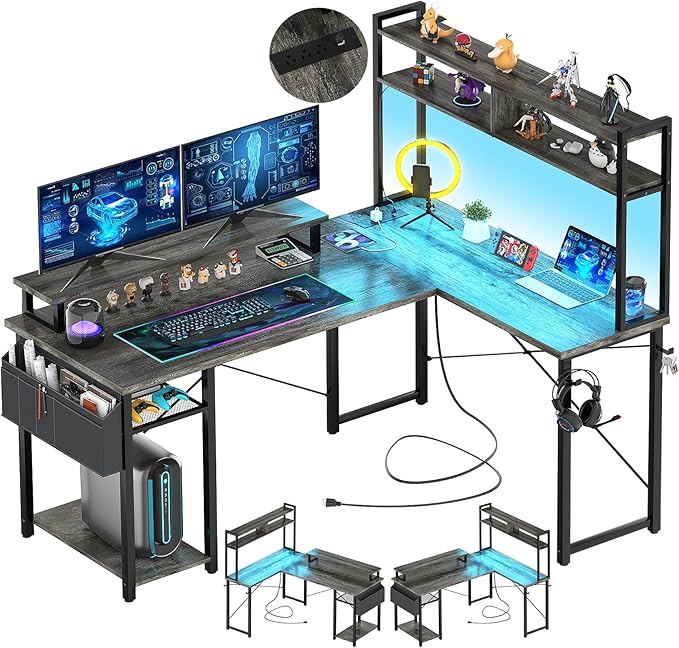 Small L Shaped Gaming Desk with LED Lights & Power Outlets, Reversible L-Shaped Computer Desk with Monitor Stand & Storage Shelf, Corner Desks Home Office Desk with Storage Bag, Rustic Brown